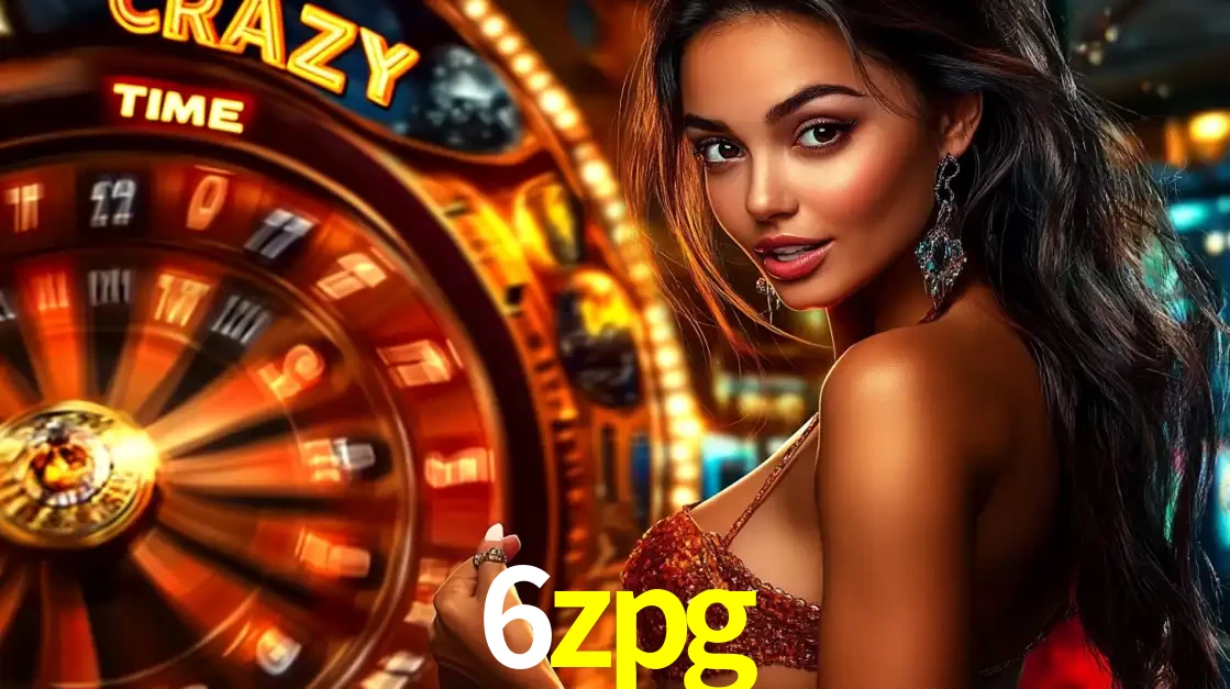 Mulher ao lado da roda de prêmios do jogo de cassino ao vivo Crazy Time, um dos shows de jogos mais emocionantes oferecidos pela plataforma de apostas 6zpg.
