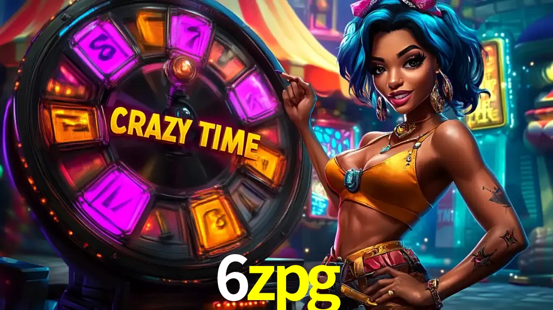 Mulher estilizada com cabelo azul e visual vibrante posando ao lado da roda de prêmios do game show Crazy Time, convidando para a diversão e os bônus do cassino 6zpg.