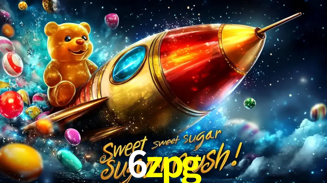 Arte promocional do jogo de slot Sugar Rush, com um urso de pelúcia em um foguete viajando pelo espaço de doces, um dos jogos divertidos disponíveis no cassino 6zpg.